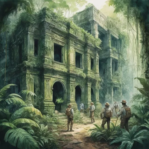 Prompt: Team of Victorian explorers uncovering ancient ruins in a tropical jungle, watercolor, sharp lines, detailed, high quality, lush green tones, natural lighting, Victorian attire, elaborate explorer gear, overgrown with foliage, ancient carvings, mysterious atmosphere
