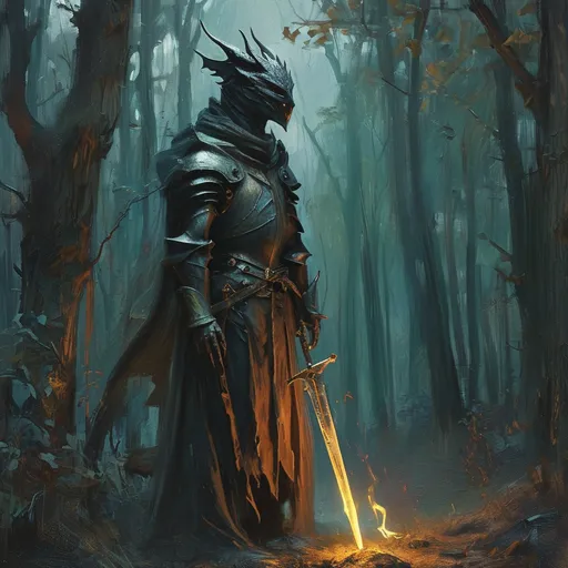 Prompt: oilpainting,  *(small dragon comforting a fallen knight)*, dark woods, eerie atmosphere, (dreadful lighting), (magical broken sword) emitting a soft glow, mystic shadows dancing on the ground, medieval fantasy, magical spells, shadows, enchanting yet haunting scenery, rich details in bark and foliage, (4K), overall vibe of sadness intertwined with a touch of magic, emotionally resonant and dramatic.