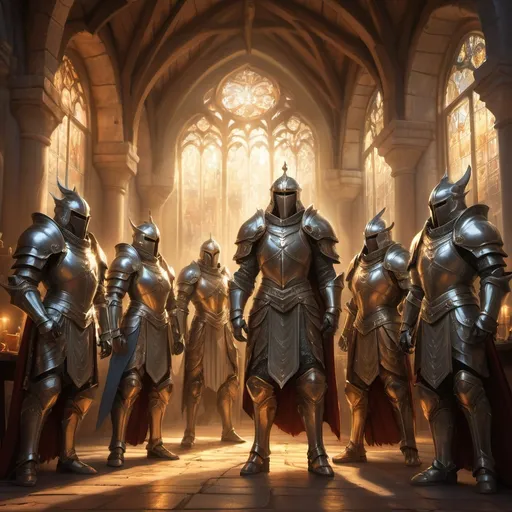 Prompt: (angelic light), impressive group of paladins, detailed and ornate armor reflecting a shimmering glow, standing together in a majestic formation, sacred atmosphere, vibrant and warm lighting encapsulating the scene, in a medieval tavern, ultra-detailed, epic landscape background, heightened sense of unity and purpose, powerful and divine essence radiating from their presence, cinematic masterpiece.