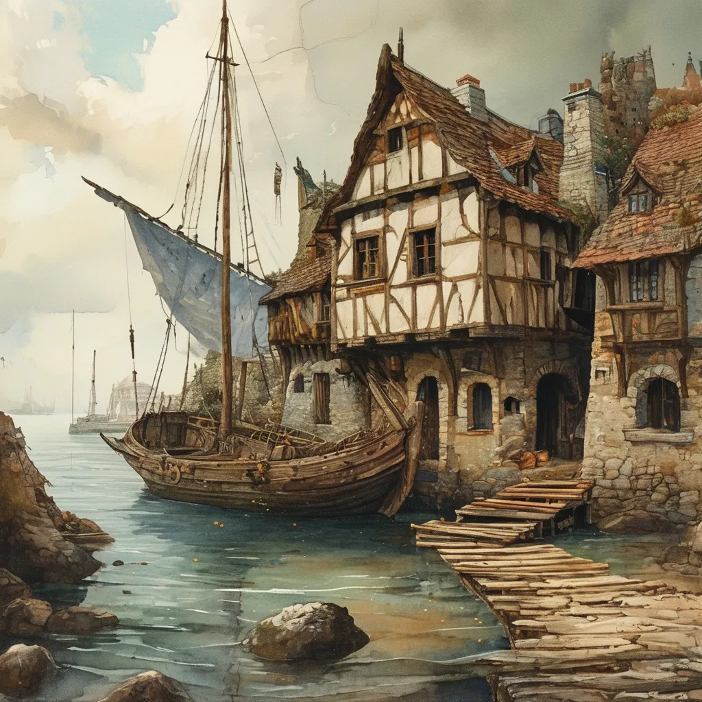 Prompt: (old man ship builder), (antique wooden wharf at the waters edge), (cranes and ropes) in intricate detail, medieval fantasy setting, watercolor painting anton pieck style, soft and muted colors, warm ambient lighting, filled with dust motes, nostalgic atmosphere, charming clutter, whimsical and dreamy quality, ultra-detailed, inviting vibe that captures the essence of craftsmanship and imagination.