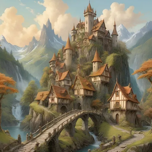 Prompt: realistic acrylic painting of a  distand Anton Pieck-style elf town of quaint elegant nature inspired towers and spires on the edge of a mountain lake, mossy roofs, deciduous forest, elven population, lively town, busy streets, cobble stone, sharp strokes, giant deciduous trees, crowds on the road, cascading waterfall,  high quallity, connected paths, high resolution, detailed, wood bridge, majestic mountains in the background, castle in the background, detailed and vibrant, high quality, Anton Pieck style, elf village, nostalgic, warm tones, cascading waterfall, golden Clouds, summer day, stacked towers