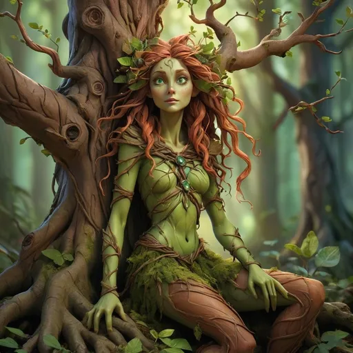 Prompt: realistic dryad, medieval fantasy art style, aluring, part tree, vibrant color palette, forrest, whimsical details, high quality, detailed roots and branches, mystical, green eyes, whimsical, magical, medieval fantasy, vibrant colors, dnd Character, Root legs, twig hands,  atmospheric lighting