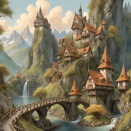 Prompt: realistic water color painting of a  distand Anton Pieck-style elf town of quaint elegant nature inspired towers and spires on the edge of a mountain lake, mossy roofs, deciduous forest, elven population, lively town, busy streets, cobble stone, sharp strokes, giant deciduous trees, crowds on the road, cascading waterfall,  high quallity, connected paths, high resolution, detailed, wood bridge, majestic mountains in the background, castle in the background, detailed and vibrant, high quality, Anton Pieck style, elf village, nostalgic, warm tones, cascading waterfall, golden Clouds, summer day, stacked towers