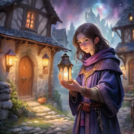 Prompt: (watercolor DnD young wizard's apprentice), spellbook, (spell illumination in the air), medieval fantasy, (small village setting), enchanting atmosphere, detailed expressions, vibrant and mystical colors, traditional attire, ancient spell symbols, light surrounding the spells, detailed stone and wood houses, lantern-lit pathways, magical aura, ultra-detailed, high quality, masterpiece, vivid and ethereal lights