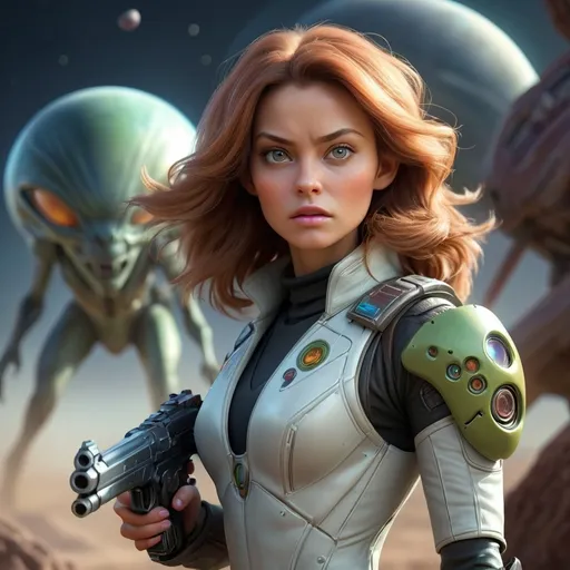 Prompt: Photo-realistic female space cowboy with laser guns, action scene, alien animals, and spaceships, futuristic Western style, pretty face, alien planets, detailed visual effects, high-quality, futuristic, space western, realistic lighting, intense and focused gaze, sleek technology, alien landscapes, advanced weaponry, sci-fi, professional, atmospheric lighting