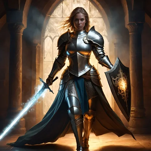 Prompt: realistic digital art painting of fantasy style full body stunning female paladin, glowing aura, dnd Characters, active stance, ready to strike, shield, challange, heavenly, intricate detailed armor, darkness, magic light,  high qualtiy face, sword dance, glowing swinging sword, highly detailed,  atmospheric lighting, high quality,  earthy tones, detailed, medieval fantasy, darkness, atmospheric lighting