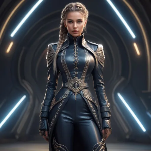 Prompt: photorealistic full-body of a (beautiful) female in a (detailed ceremonial high-ranking military suit), (buttoned coat), (futuristic leather boots), a (gorgeous face) showcasing (detailed features) with (braided hair), in an (elegant pose), emanating (imposing) presence with a (glowing charm), surrounded by (magical radiating lines), set against a (fantasy backdrop) that enhances the (ethereal lighting), ultra-detailed, high-quality.