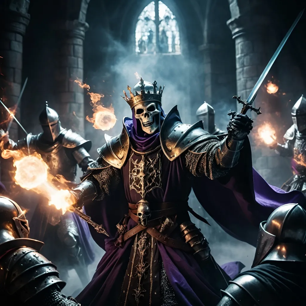 Prompt: photo realistic skirmish  between Sinister DnD character Lich drifting in the air and some knights, robes, battle scene, knights, magical flashes,  intense aura, high contrast, fantasy, highres, detailed, sinister, magical, dark castle, battle, DnD, radiating magic, intense lighting