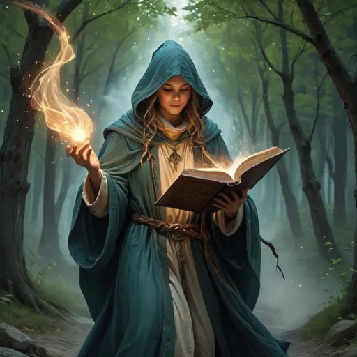 Prompt: Wizards apprentice on the road in a medieval fantasy setting, (illuminating spellbook), spells in the air, alena aenami style, oversized robes, vibrant and dramatic colors, magical atmosphere, swirling spell effects, ancient tomes and parchment, ultra-detailed, HD, high depth cinematic masterpiece.