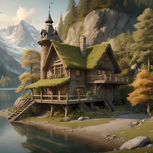 Prompt: Large Anton Pieck-style wood and stone cabin on the lakeside with a central tower, moss roof, mountainous region, old wooden rudderboat, forest and beach, stream,  waterfall, wildlife, vintage painting, deer, fox, squirl, detailed textures, serene atmosphere, wimsicle architecture,  warm tones, soft lighting, 4k, highres, nostalgic, detailed scenery, tranquil setting, vintage charm, summer sunset
