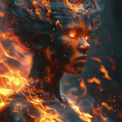 Prompt: (female humanoid fire elemental), body covering blazing flames, body of magma,  ethereal glow, flickering light, fiery aura, intense heat, swirling embers, charred ground, vibrant orange and red tones, high-contrast lighting, dramatic shadows, mystical atmosphere, otherworldly, inferno background, ultra-detailed, 4K, fantasy art, epic scene, high-intensity, mesmerizing blaze, darkened surroundings, smokey tendrils