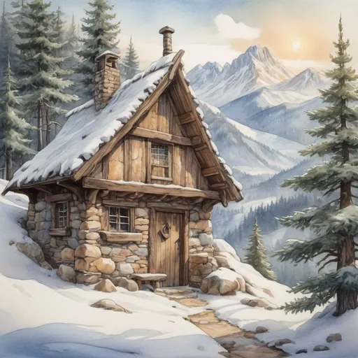 Prompt: (cozy little stone hut), chimney, outhouse, medieval fantasy style, pencil watercolor painting, (winterscene), mountainous landscape, (rocky paths), snow-covered pine trees, low sun casting warm light beams, serene atmosphere, soft shadows and highlights, (ultra-detailed), enchanting and inviting vibe, natural textures of snow and wood, whimsical elements in the surroundings.