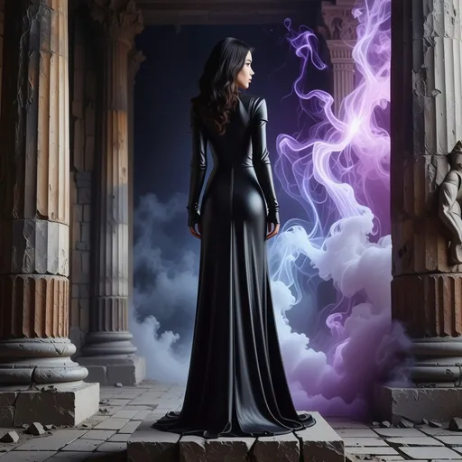 Prompt: realistc, Full female body, on a pedestal, gorgeous mistress, long leather medieval dress with body, dominant stance, looking over shoulder, set between ancient ruins, magical spells in the air