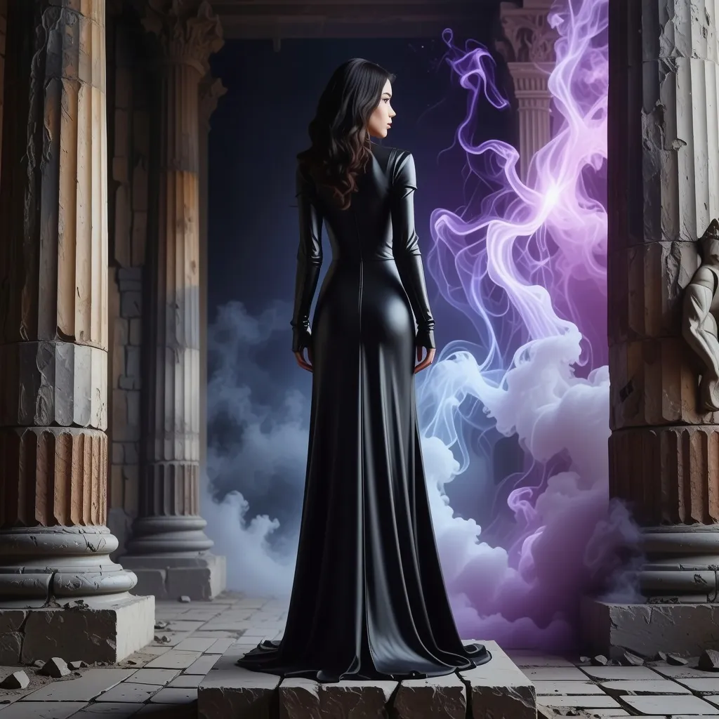 Prompt: realistc, Full female body, on a pedestal, gorgeous mistress, long leather medieval dress with body, dominant stance, looking over shoulder, set between ancient ruins, magical spells in the air