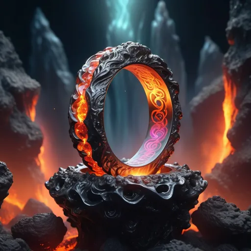 Prompt: (magical obsidian lava ring floating in the air), (medieval fantasy), pedestal, spells vibrating in the air, vibrant warm colors illuminating the scene, mystical aura, ethereal glow, dynamic energy radiating, beautifully detailed textures, sense of enchantment, high fantasy atmosphere, serene background with soft lighting, ultra-detailed, captivating visual experience.