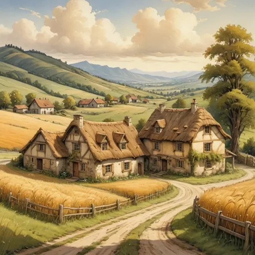 Prompt: (antique oil painting (anton pieck style)), summer day in the countryside ,old farmstead in the forground, rolling hills, expansive wheat fields, tranquil dirt road, (medieval fantasy) elements, golden clouds drifting across the sky, majestic mountains in the background, vibrant color palette with warm hues, serene and picturesque ambiance, soft brush strokes, detailed landscape, whimsical charm, inviting atmosphere, (highly detailed) visual composition.