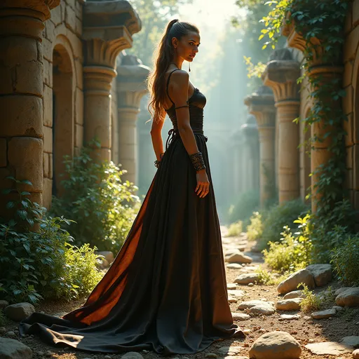 Prompt: (realistic image of a stunning mistress), full female body, with a (dominant stance), long leather medieval dress, looking over shoulder, set amidst ancient ruins, (magical spells) swirling in the air, ethereal glow, rich textures, warm sunlight illuminating the scene, lush foliage intertwining with broken stone, creating an enchanting and mysterious atmosphere, (ultra-detailed, 4K quality).