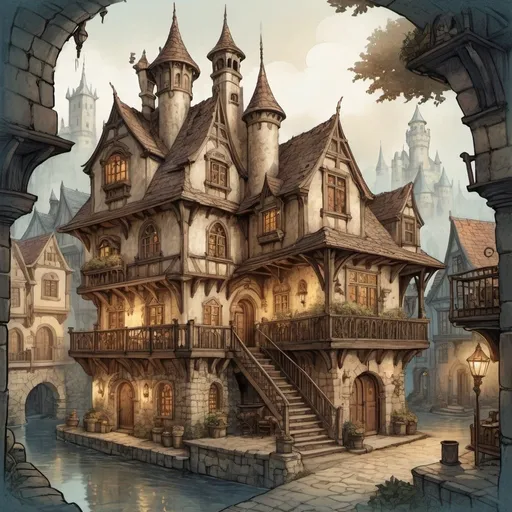 Prompt: Anton Pieck style illustration of an imposing DnD style fantasy mages guildhouse, floating tower, in a small town, singular building, one main entrance, overview, vintage paper texture, intricate line work, high detail, mystical atmosphere, warm and nostalgic tones, soft lighting, high quality, romantic