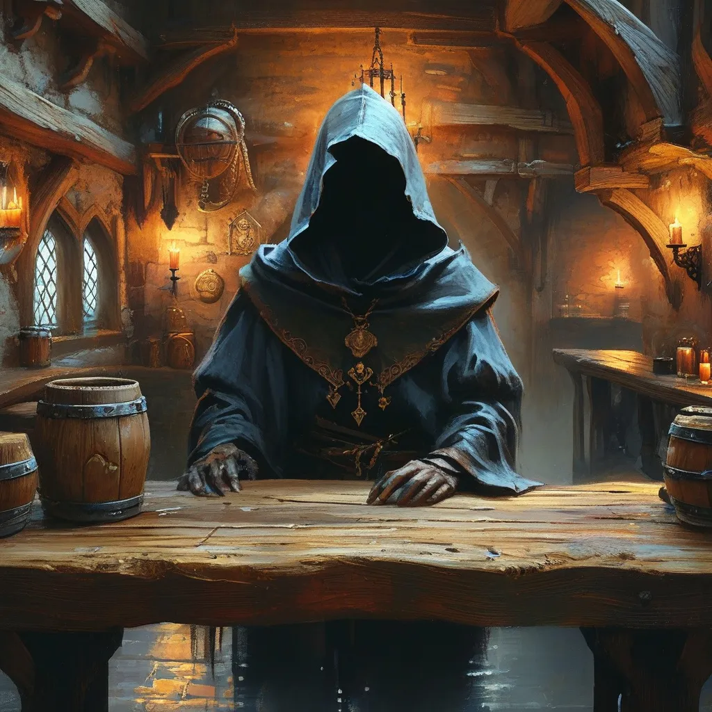 Prompt: (mysterious hooded figure), tavern setting, in the shadows, medieval fantasy setting, dim lighting, intricate rustic interior, antique wooden furniture, flickering candles, smoky atmosphere, watercolor style, muted earth tones, soft and subtle brush strokes, ethereal aura, 4K, ultra-detailed, high quality.