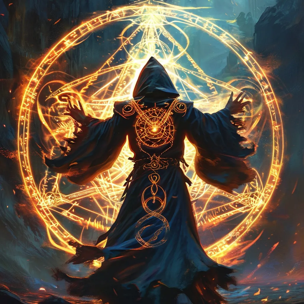 Prompt: mystical maximum power from the ancient magical (circle with runes), intense (flames) dancing wildly, a powerful Wizard in an intricate robe, (summening a demon), dramatic pose, foreground focus, swirling dark magic, shadowy ambiance, ethereal glow illuminating the scene, lush fantasy landscape in the background, cinematic depth, ultra-detailed, high-quality, perfect for fantasy art lovers.