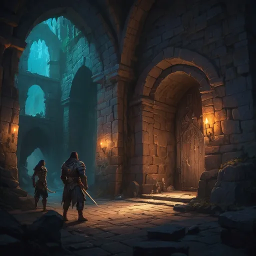 Prompt: (dungeon scene in Justin Gerard style), (fantasy artwork), dynamic composition, mythical monsters, brave adventurers, detailed character designs, vibrant colors, ambient magical lighting, intricate textures, immersive atmosphere, rich storytelling elements, high-resolution, captivating fantasy world, dramatic shadows, depth in details, enchanting background.