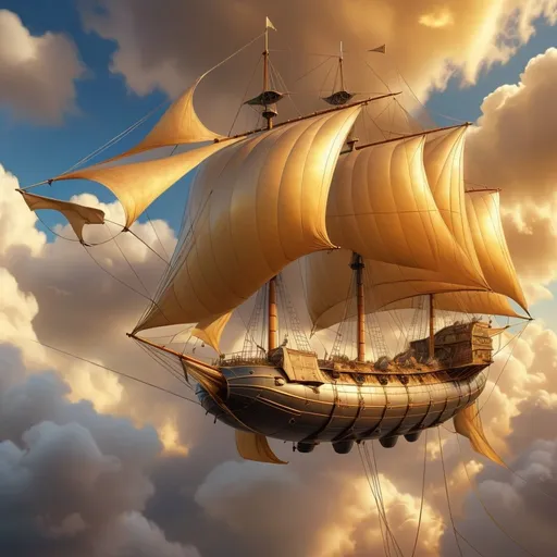 Prompt: Fantasy style, Airship, frigat aerodynamiac, detailed full sails , 4k, ultra-detailed, realistic painting, high in the sky, golden hues, dramatic lighting, atmospheric clouds, detailed rigging, high quality, realistic, magnificent, golden tones, dramatic sky, detailed textures