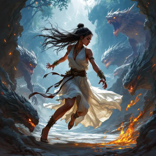 Prompt: Digital art of a gorgeous woman, Adivasi-inspired character, monk style fighting scène, fierce stance (fighting against dungeon monsters), deep dark brown glowing eyes, medieval fantasy setting, vibrant colors, dramatic lighting, intricately detailed high heels, flowing light summer dress, enchanting atmosphere, imaginative creatures looming in shadows, lush background elements, high quality, ultra-detailed, captivating scene capturing bravery and beauty.