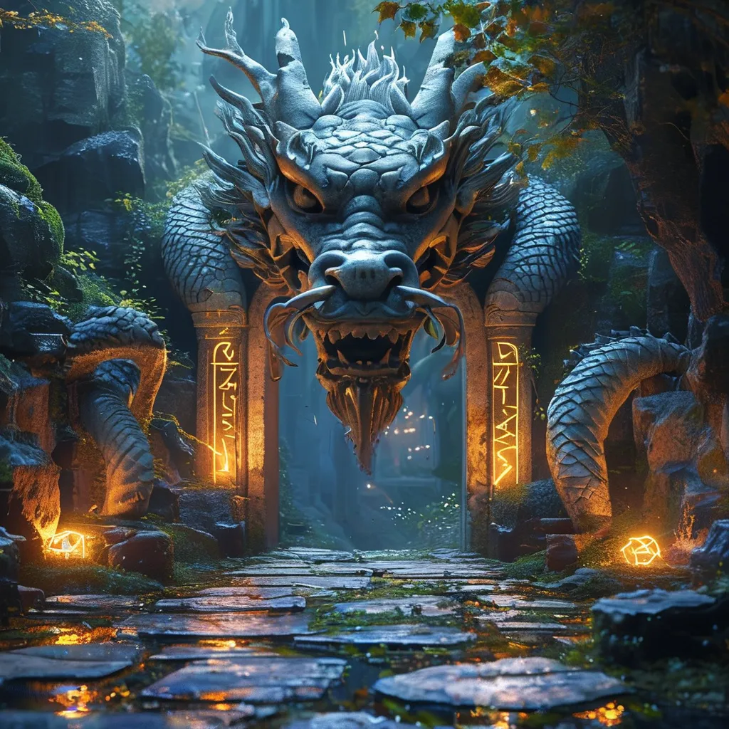 Prompt: (dragon statue mouth as a gateway), (magical portal), ethereal spells glowing, ancient ruins surrounded by mist, intricate glowing runes and glyphs illuminating the structure, mystical ambiance, deep blues and greens, warm highlights reflecting off stone, (highly detailed), evokes a sense of adventure and ancient mystery, enchanting atmosphere, (4K quality), cinematic depth.