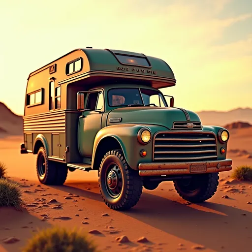 Prompt: (vintage truck transformed into a cozy motorhome), steering front wheels, large rugged wheels, adventurous off-road setting, (smooth, rounded curves), sun-drenched landscape, dramatic shadows across the ground, rich earth tones, high quality 4K, ultra-detailed textures, warm and inviting ambiance, perfect for exploration and travel.