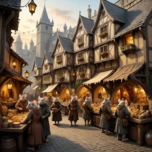 Prompt: Medieval fantasy illustration of a bustling mouse village, detailed fantasy architecture, vibrant market street, intricate mouse characters, warm and cozy lighting, high quality, fantasy, medieval, bustling, detailed architecture, vibrant market, intricate characters, warm lighting