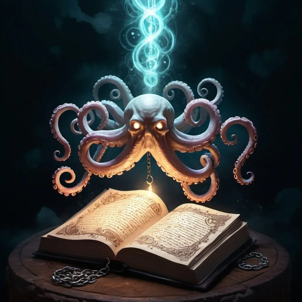 Prompt: Ancient spell tome, magical glow, tentacles emerging, ancient writing, chains, floating in the air, illuminating magical swirls, detailed illustration, high quality, magical, ancient, glowing runes, tentacles, chains, floating, detailed, atmospheric lighting