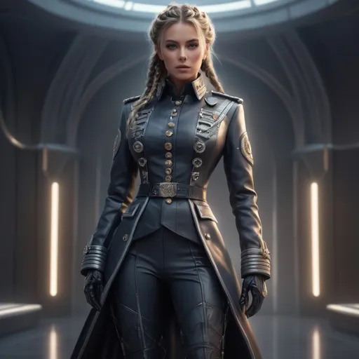 Prompt: photorealistic full-body of a (beautiful) female in a (detailed ceremonial high-ranking military suit), (buttoned coat), (futuristic leather boots), a (gorgeous face) showcasing (detailed features) with (braided hair), in an (elegant pose), emanating (imposing) presence with a (glowing charm), surrounded by (magical radiating lines), set against a (fantasy backdrop) that enhances the (ethereal lighting), ultra-detailed, high-quality.