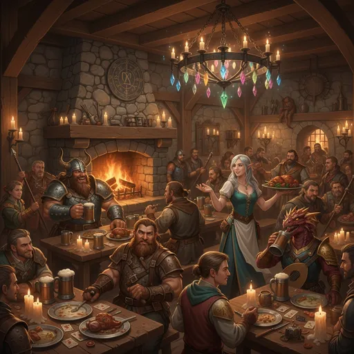 Prompt: a cozy but chaotic medieval fantasy style tavern with wood and stone elements. happy adventurers of different classes like sorcerrers, fighters, bards or tinkers and different races like half giants, dwarfs humans, elves and dragon born sitting around the tabels where  a beautiful waittress skillfully manouvers with food and drinks between the people. light of candles and a fire place give a nice glow and higher up a magical chandelier is illuminating the ceiling.
