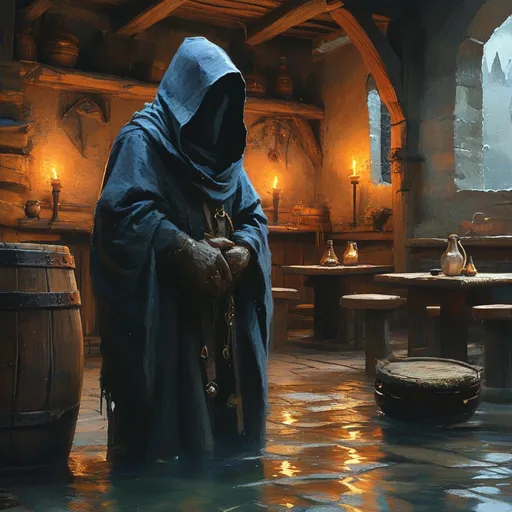 Prompt: (mysterious hooded figure), tavern setting, in the shadows, medieval fantasy setting, dim lighting, intricate rustic interior, antique wooden furniture, flickering candles, smoky atmosphere, watercolor style, muted earth tones, soft and subtle brush strokes, ethereal aura, 4K, ultra-detailed, high quality.