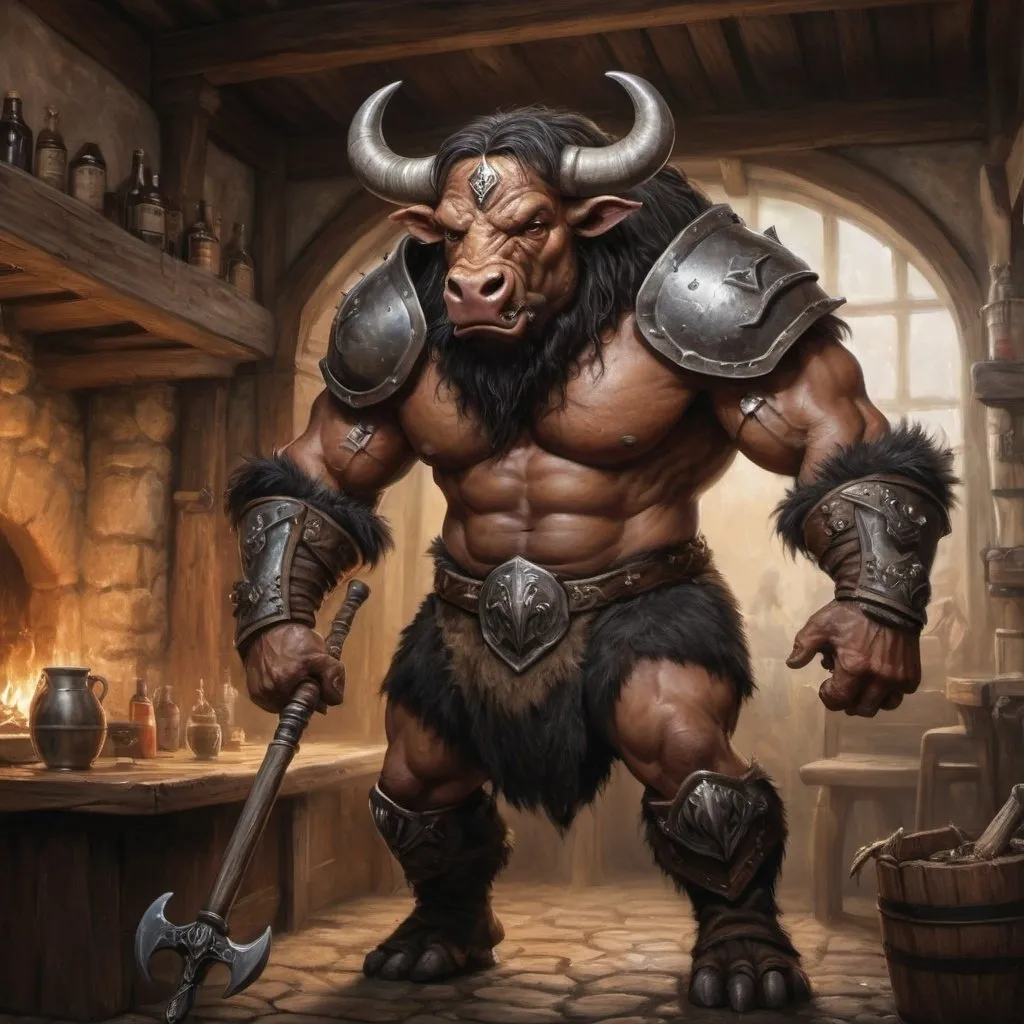 Prompt: Hyperrealistic medieval fantasy oil painting of a strong minataur worrior DnD character, in a tavern, Bull nose, cow legs, hooves, black fur, large two handed battle axe, in ornate detailed leather armor, ready to strike, mountianside, dramatic lighting, detailed facial features, high quality, DnD character, dramatic lighting, professional quality, Anton Pieck style, 