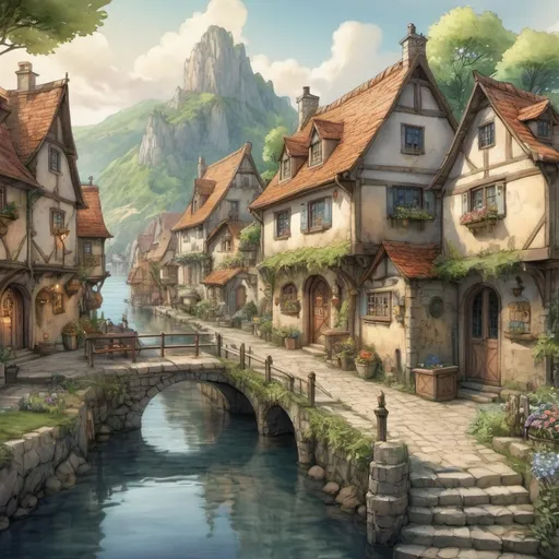 Prompt: (cozy anime village on the waterfront), (Anton Pieck style), watercolor animation, soft lighting, vibrant colors, medieval fantasy, colorful scenery, coblestone streets, tranquil atmosphere, warm tones, lush greenery, charming cottages, gentle water reflections, serene ambiance, vibrant flowers, picturesque detail, inviting pathways, ultra-detailed, HD.