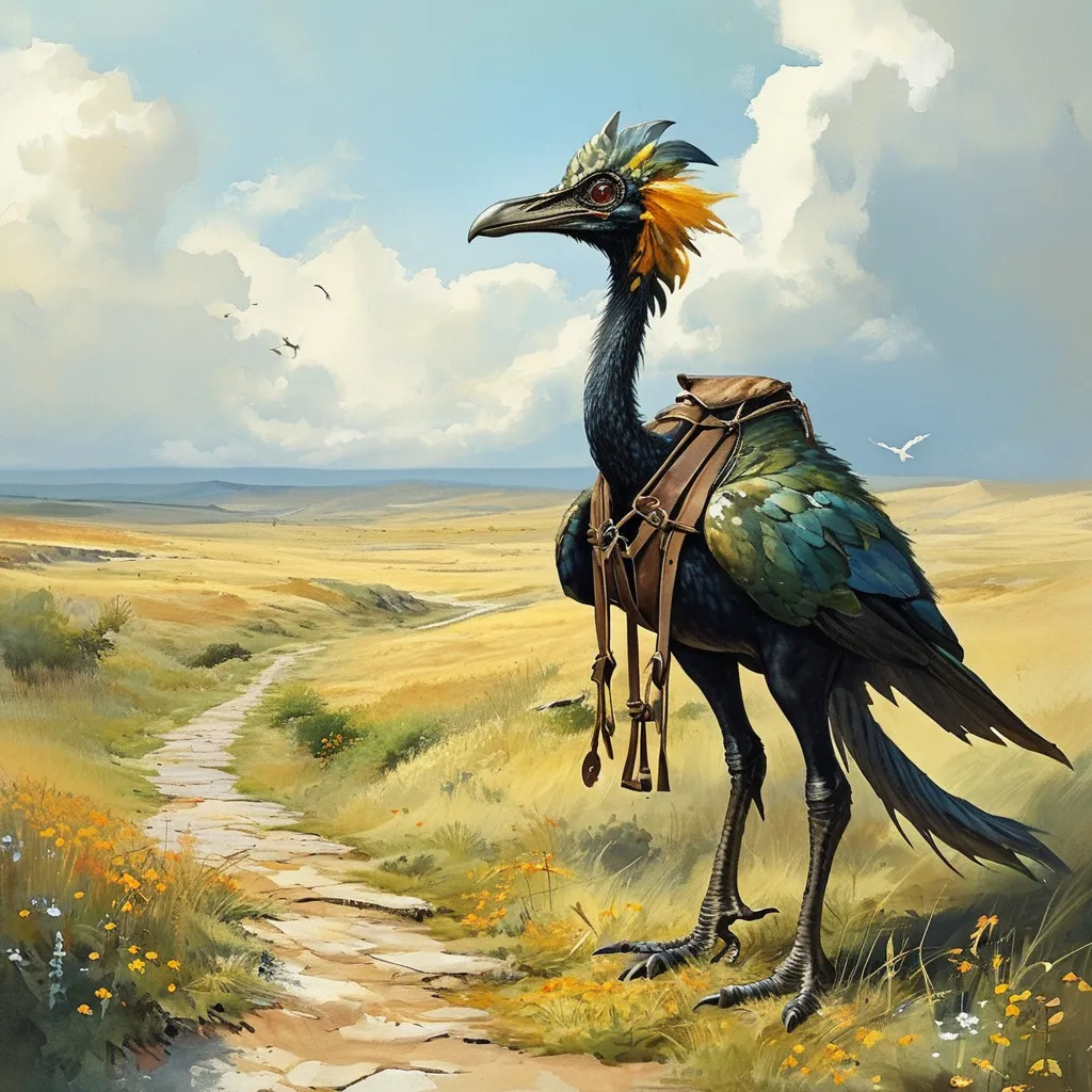 Prompt: (dinosaur-like flightless bird as pack animal pulling a cart), brilliant feathers, Harness, medieval fantasy setting, (watercolor), open plains, ancient cobblestone road, soft colors, serene atmosphere, rustic charm, expansive sky with delicate clouds, hints of wildflowers, intricate details in the bird's plumage, tranquil background blending hues of green and blue, ultra-detailed, enchanting scene.