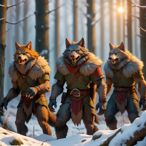 Prompt: group of DnD werewolf worriors in a forest in winter, low sun, warm and homely atmosphere, high quality, detailed fur, fantasy, magical, mystical, snowy landscape, peaceful setting, vibrant fur colors, serene and enchanting lighting