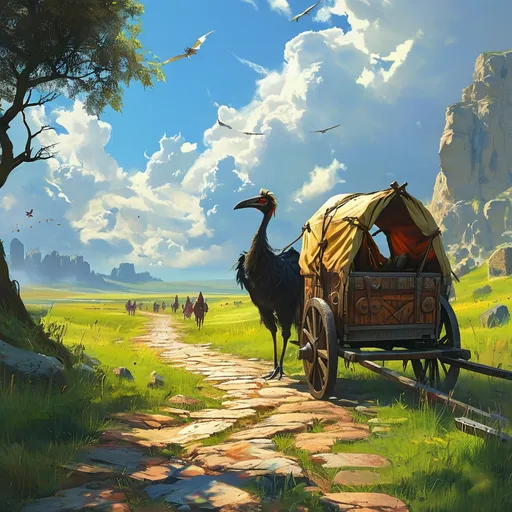 Prompt: (giant flightless bird of burden), pulling a cart, medieval fantasy setting, dramatic atmosphere, Great plains, vibrant colors, lush green landscape, ancient stone pathway, fantastical creatures in the background, intricate details on the cart, sunny weather with shadows, high-quality 4K, ethereal mood, whimsical style, fantasy art masterpiece.