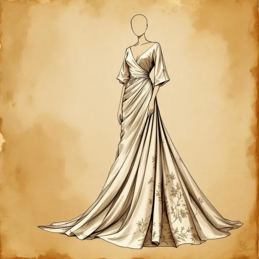 Prompt: technical drawing of a indian style satin silk weddingdress design, sleeves, tropical modest style, intricately detailed drawing, elegant flowing shapes, rustic parchment background, soft texture contrasts, warm highlights,, artistic presentation, dynamic angles, fashion illustration elements, high-quality craftsmanship, refined, inspiring, showcasing creativity and design excellence, beautiful composition.