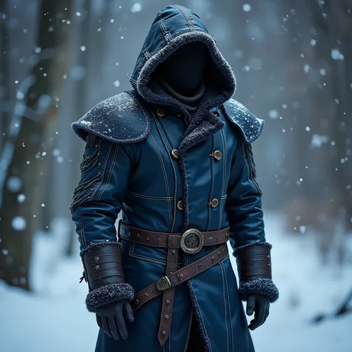 Prompt: Full body, (long full leather shearling coat), heavy hood, closed, nimble, free range of movement, medieval fantasy winter armor, tough, dark blue exterior, rugged design, intricate stitching Design details, atmospheric winter background with falling snowflakes, soft light illuminating the jacket giving it an edgy yet cozy look, ultra-detailed, high quality. 