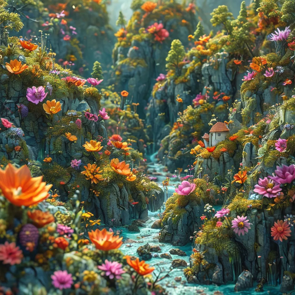 Prompt: (tiny DnD adventurers in a supersized macro world), (majestic flowers and roots), (medieval fantasy setting),  anton pieck style nature, cheerful sunlight, ultra-detailed, oil painting, good lighting, lush greenery, expansive vista, fantastical elements