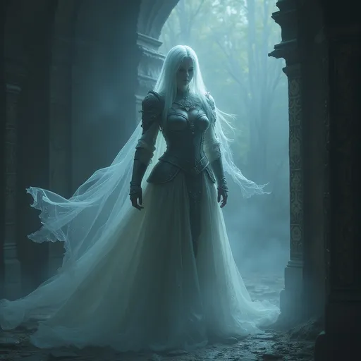 Prompt: realistic, (ghostly female guard), (hovering ancient spirit), semi-transparent, illuminated, ancient medieval fantasy armor, eerie glow, tranquil atmosphere, surrounded by an ancient shrine, tomb adorned with mystical symbols, misty background, tranquil mood, high detail, ultra-detailed, 4K resolution, captivating aura.