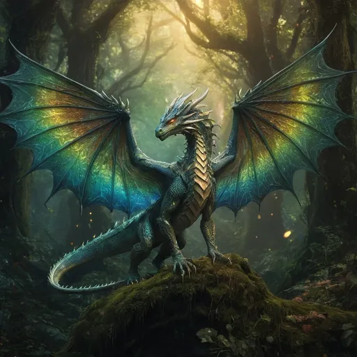 Prompt: Elf-dragon hybrid with vibrant scales, mystical forest backdrop, ethereal glowing eyes, intricate elven armor, majestic wingspan, enchanting atmosphere, high quality, fantasy art, vibrant colors, atmospheric lighting, detailed scales, mystical, magical, elven design, dragon-inspired, forest setting