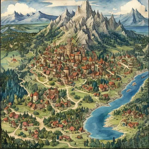 Prompt: (cartography drawn map), (medieval fantasy), detailed watercolor  inspired by Anton Pieck style,  villages,  forests , mountains, coastlines, wide plains, whimsical details , rivers,  (ultra-detailed),