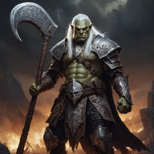 Prompt: photo realistic full body, male orc general DnD character overlooking the battlefield, long  white hair, charismatic, radiating sparkeling magical waraxe,  oil painting, sharp lines, detailed face, perfect face, victorian style armor outfit, detailed, high quality, dark tones, danger lurking in the shadows,  ancient glowing runes, mysterious atmosphere, old world charm, 