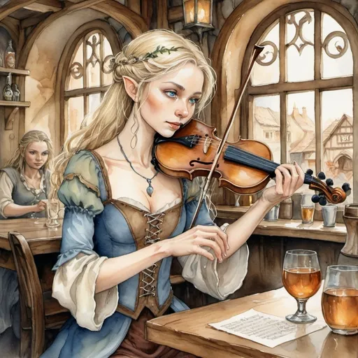 Prompt: watercolor (Anton Pieck style) painting of an blond blue-eyed elven woman bard, (sadness in her face), playing a violin at a lively tavern, warm, muted colors, rich textures, magical ambiance, soft, nostalgic lighting, medieval fantasy elements, intricate details in attire, charming tavern background filled with patrons, whimsical yet melancholic atmosphere, ultra-detailed, captivating artistry.