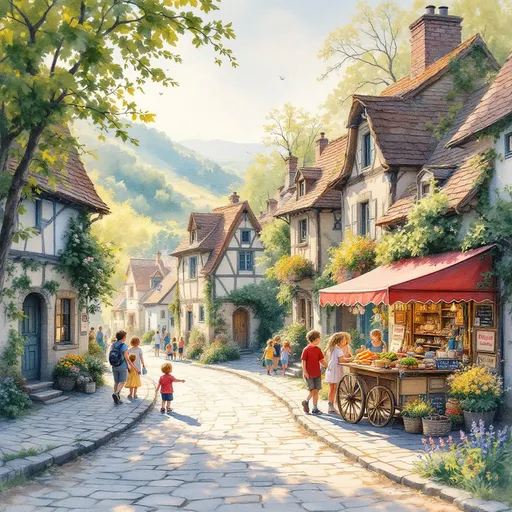 Prompt: Anton Pieck style watercollor painting, charming rural medieval town scene, whimsical architecture, tranquil streets, lush greenery, warm pastel colors, nostalgic ambiance, gentle light illuminating cottages, intricate details in landscaping, children playing, small market stalls, idyllic setting, vintage vibe, high-quality art, enchanting atmosphere, capturing a moment in time, masterful craftsmanship.