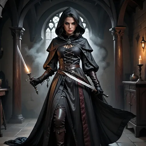 Prompt: photo realistic Medieval fantasy full body illustration of a skilled maid assassin, dark hair, detailed flowing robes, victorian maid outfit, mysterious and stealthy demeanor, ready to strike, intricate magical illuminated dagger, leather gloves, high fantasy setting, head cloth, black leather boots, mannerhouse, standing over victim, silhouette in the background, detailed satin fabric with rich textures, piercing and determined gaze, best quality, high fantasy, detailed robes, assassin, medieval, skilled, stealthy, mysterious, determined gaze, professional, dark room, shadows, night time, fog