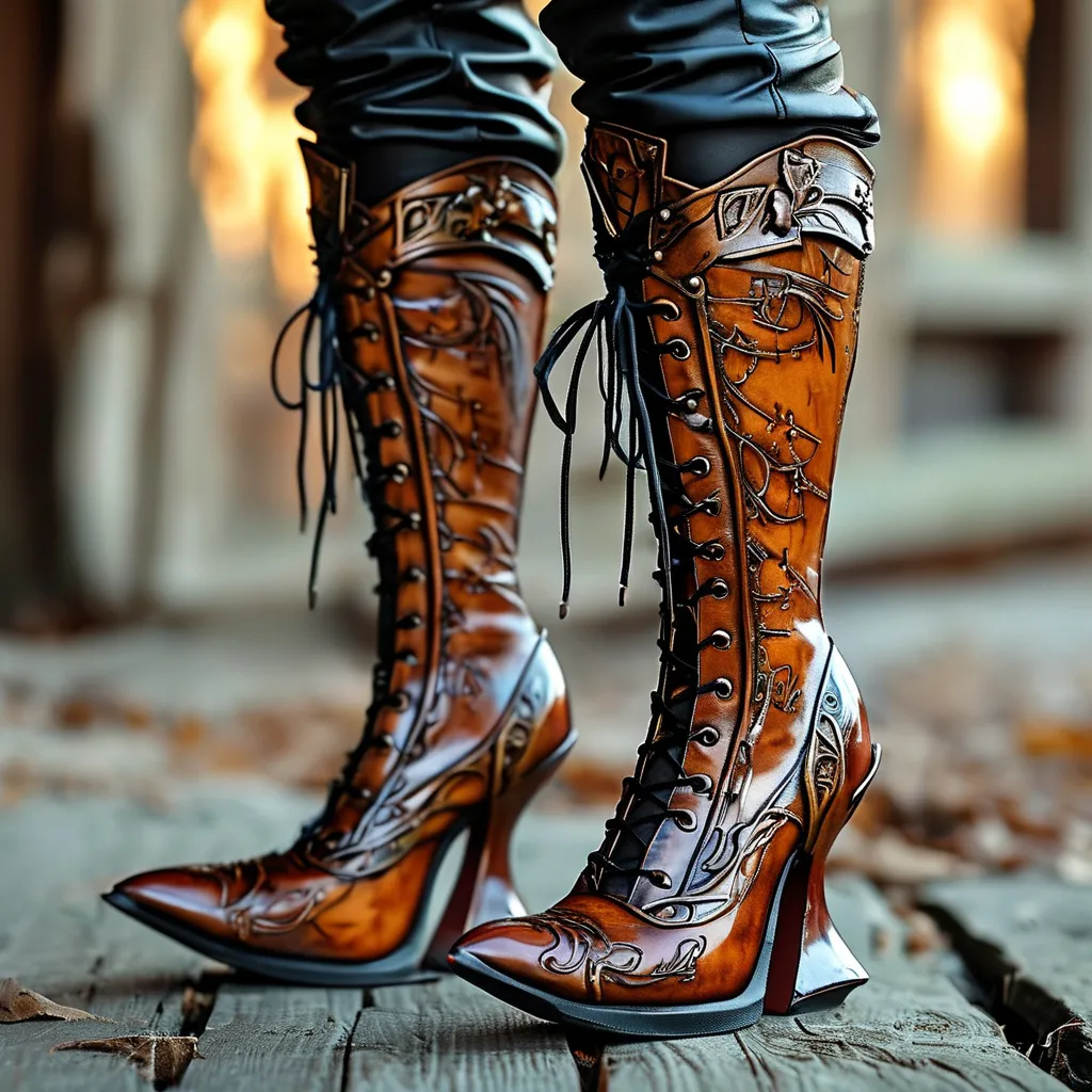 Prompt: (lacquer highly detailed high heel calf high leather adventurer boots), flowing curves, open intricate lace elements, open design, medieval fantasy, (elegant design), skintight fit,  dynamic angles, captivating visual appeal, (ultra-detailed), warm lighting, 